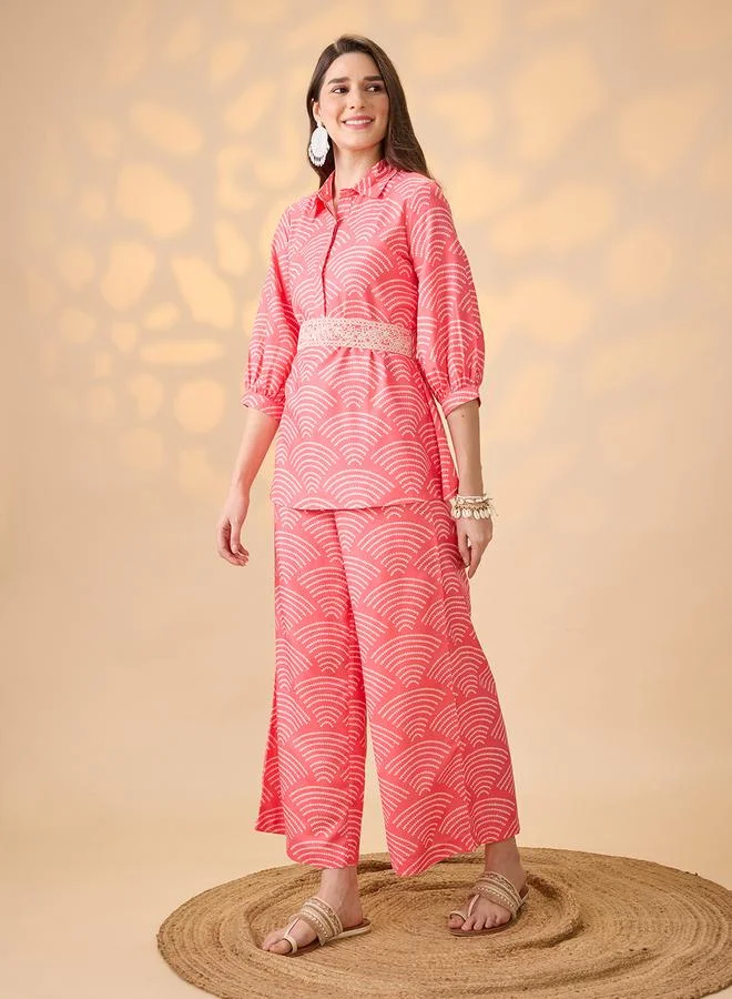 globus Women All Over Print Tunic and Palazzos with Belt Fusion Co-Ords